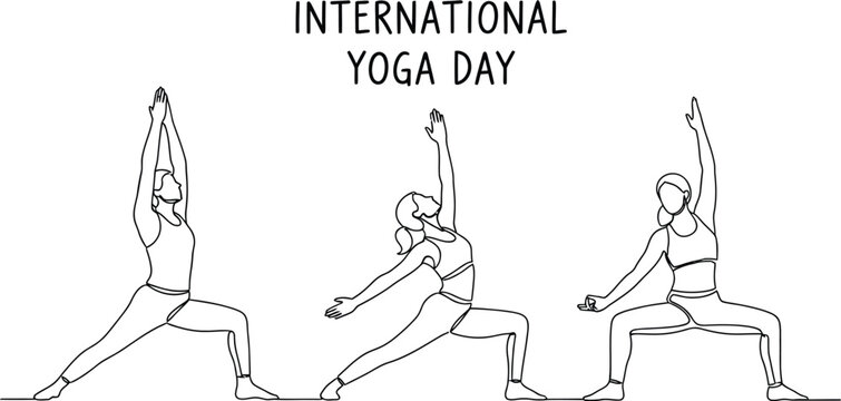 International Yoga Day vector illustration featuring three women practicing warrior yoga poses in a continuous line art style on a clean white background.