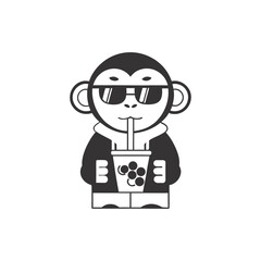 Fototapeta premium Black and white minimalist monkey cartoon character illustration with glasses and hoodie drinking bubble tea