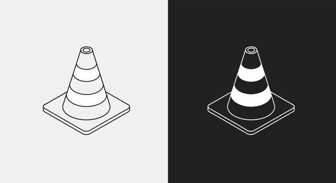 Isometric line art illustration of a traffic cone with stripes on a light background, depicting a warning or construction symbol.