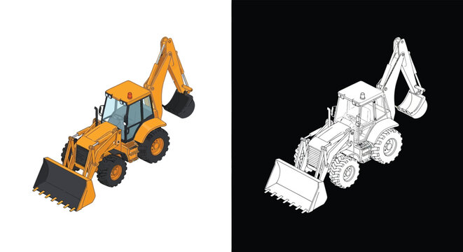 Isometric illustration of a yellow backhoe loader with a detailed outline version on a black background.