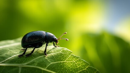 Fototapeta premium Close-up of a Vibrant Green Beetle on Leaf Against Soft Background