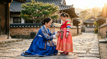 Naklejka premium A smiling Korean mother in a blue Hanbok adjusting the bow of her daughter's pink traditional dress against a bright white background during a joyful moment.