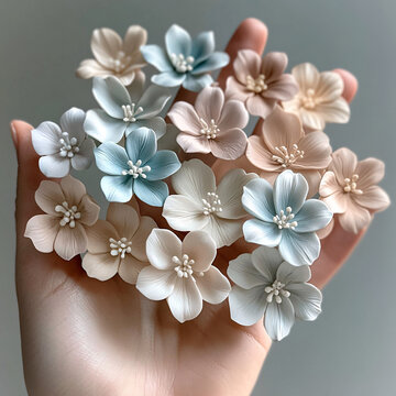 Cupped hand holding a collection of delicate pastel flowers