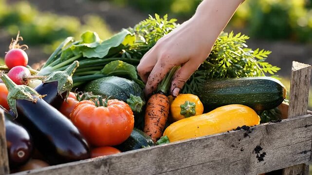 Freshly harvested vegetables in a wooden crate outdoors