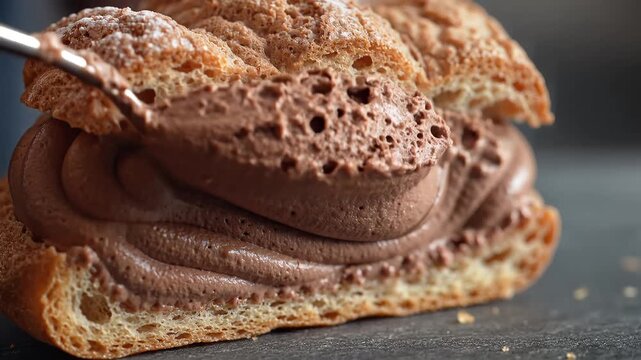Delicious Chocolate Cream Filled Pastry Close Up Macro Shot.