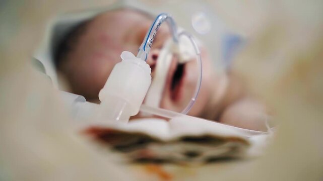 Closeup lovely little newborn baby infant lying in incubators for newborns, Newborn baby having the the breathing problem after birth, newborn in NICU, Neonatal intensive care unit.