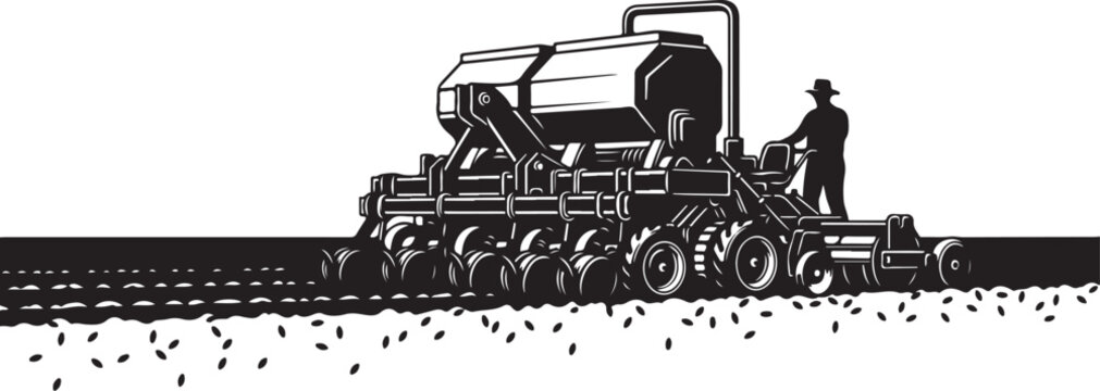 Farmer operating large tractor in a field with seed spreader
