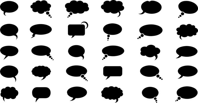 Speech and thought bubble icons silhouette vector illustration featuring comic dialogue shapes, decorative communication motifs, and abstract designs