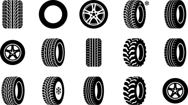 Tire and wheel icons silhouette vector illustration featuring tread patterns, rim designs, decorative automotive motifs, and vehicle parts.eps
