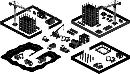 Naklejka premium Black silhouette isometric vector illustration of construction site with cranes, machinery, buildings, and foundation work in progress