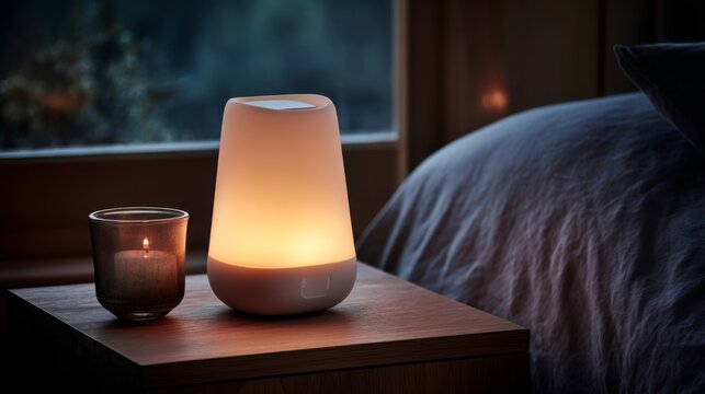 Soft Glow of Modern Lamp and Candle on Nightstand in Cozy Bedroom