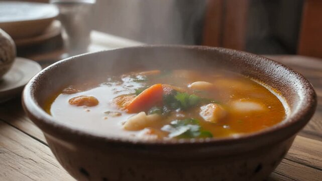 Traditional Portuguese fisherman soup with steam (Sup nelayan Portugal dengan uap tipis), rustic bowl on wooden table, natural daylight