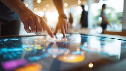 Fototapeta premium Hands pointing and interacting with an illuminated touch screen interface, showcasing modern technology and digital controls