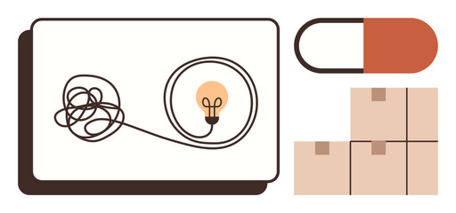 Problem-solving, creativity, logistics, healthcare, innovation, solutions. A tangled cord forming a light bulb, a capsule pill and stacked boxes. Problem-solving and creativity in minimal visuals © robu_s