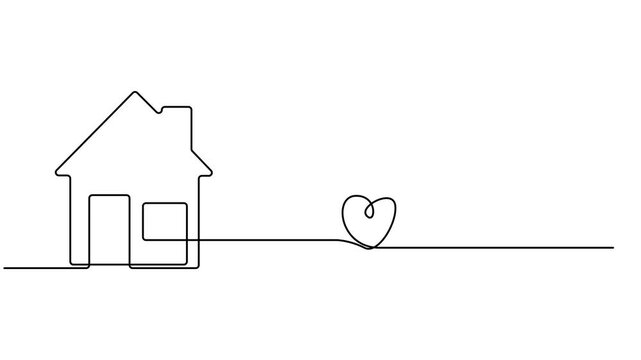 house continuous one line drawing animation, Self animated minimalist continuous line drawing of a house isolate vector illustration, Heart inside house continuous one line drawn animated video.