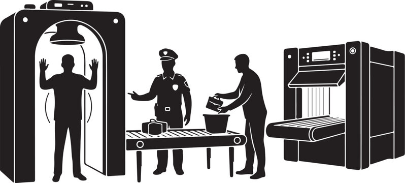 Airport security checkpoint with scanner and officer inspecting luggage