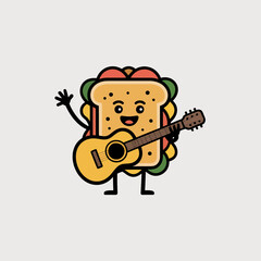 Fototapeta premium Happy cartoon sandwich character playing acoustic guitar and waving hand on a simple light gray background for fun mascot design or playful food themed graphic illustration