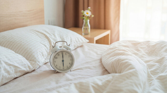 Photograph of a cozy, unmade bed with striped white bedding, an alarm clock, and soft morning light.