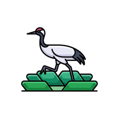 Fototapeta premium Minimalist vector illustration of a red crowned crane standing elegantly on stylized green rice paddy fields featuring bold outlines and flat colors for modern design use
