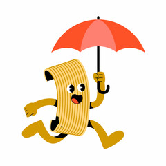 Fototapeta premium Funny cartoon pasta character running happily while holding a bright red umbrella on a clean white background for cute food mascot design and playful culinary illustration