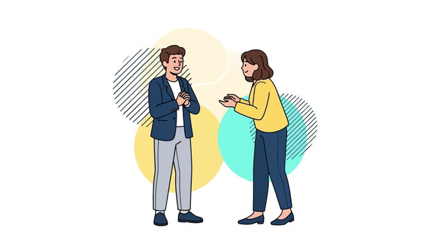 Two people talking and gesturing, flat illustration with abstract circles background