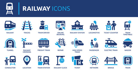 Railway icon set, contaning train, station, railroad, transportation, locomotive and track. Solid vector icon collection. © Icons-Studio