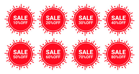 Obraz premium Red sale discount labels set with 10% to 80% percentage off for shopping promotion vector design
