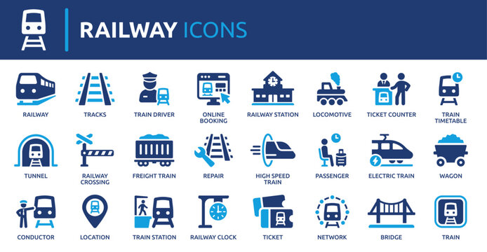 Railway icon set, contaning train, station, railroad, transportation, locomotive and track. Solid vector icon collection.