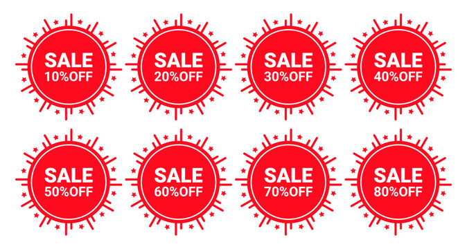  Red sale discount labels set with 10% to 80% percentage off for shopping promotion vector design