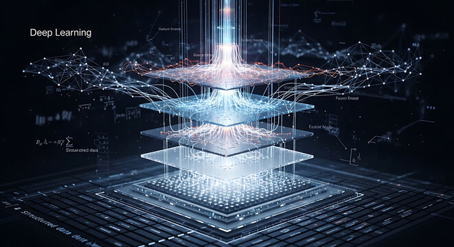 Abstract representation of deep learning with layered neural networks and glowing data connections high quality professional