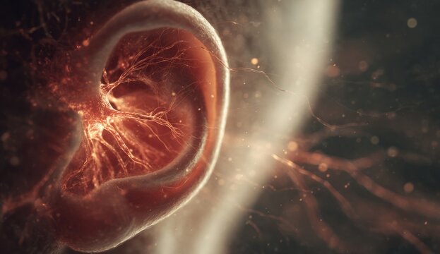 Human ear with detailed inner structures and glowing effects, highlighting the skin texture and anatomical features