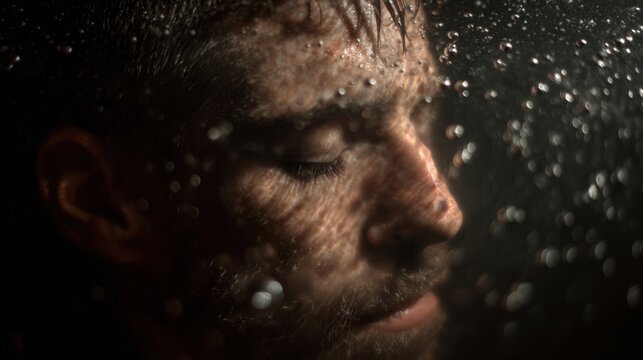 Human face submerged in dark water with surrounding bubbles and ripples, creating a mysterious and contemplative atmosphere