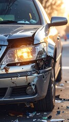 Fototapeta premium A damaged vehicle with a crumpled front end