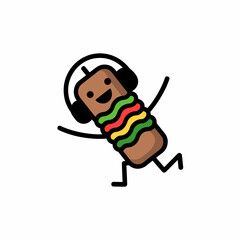 Naklejka premium Cute cartoon sausage character wearing headphones dancing with joyful expression and colorful toppings isolated on a clean white background for fun playful graphic design