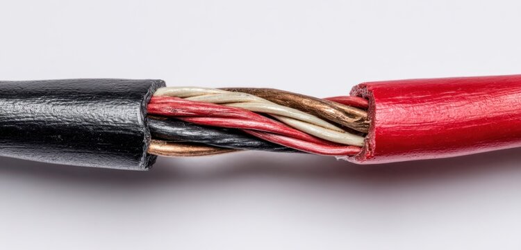 A damaged electrical cable with exposed copper and plastic-insulated wires, showing detailed textures and colors of the internal strands