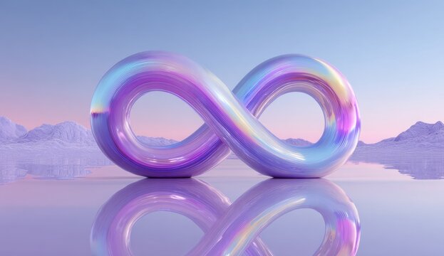 A glass infinity loop sculpture with iridescent colors reflected on a water surface