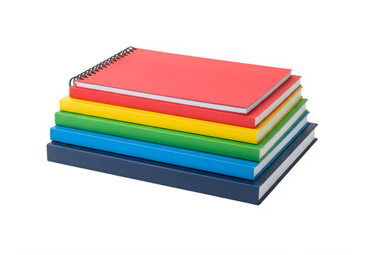 A stack of multiple colorful notebooks with a spiral binding on the top red book for school use