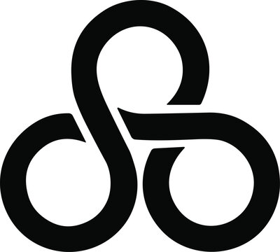 Black and white abstract vector illustration, stylized interconnected loop symbol forming triangular pattern with central &ldquo;S&rdquo; shape design