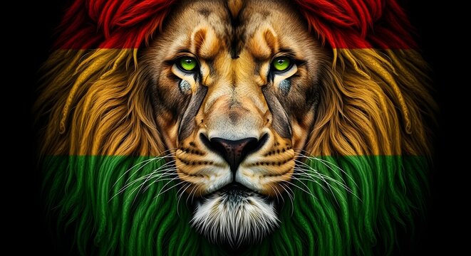 Majestic lion portrait with rastafarian colors mane, vibrant red, yellow, and green fur, intense green eyes, powerful wildlife art on black background