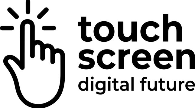 Black and white vector logo design featuring stylized hand icon with touch screen gesture and bold digital future typography