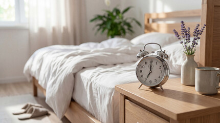 Morning bedroom scene with an unmade white linen bed, retro alarm clock, and lavender flowers. © Nicholas