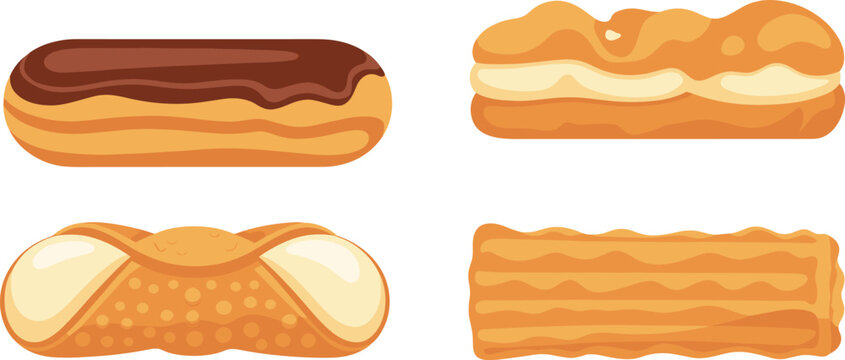 Vector illustration set of delicious pastries featuring chocolate &eacute;clair cream puff cannoli and churro for bakery menus and cafe branding.