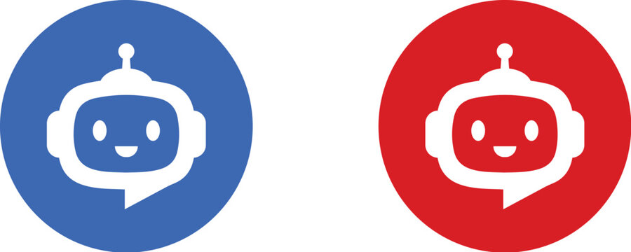 Chatbot icons in blue and red circles for AI and customer service