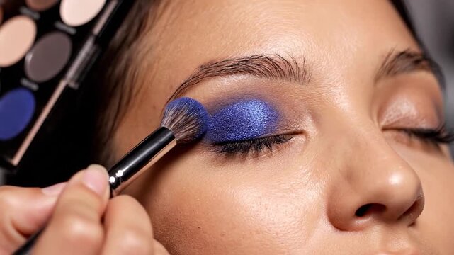 A makeup artist applies vibrant blue eyeshadow to a person's eyelid using a brush from a palette of colors