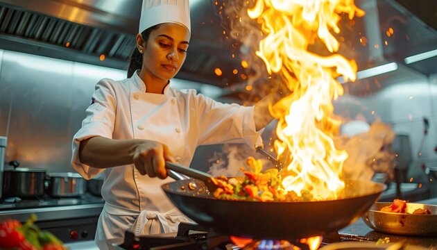 Female chef cooking with fire in a professional kitchen.