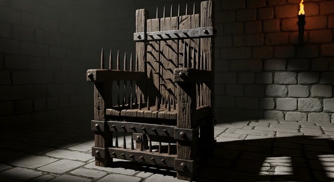 An ominous and imposing medieval torture device, the Iron Chair, designed for inflicting pain and suffering