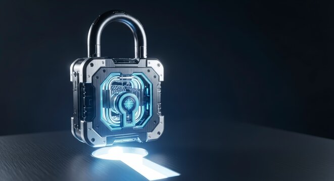 Secure locked padlock with shining light.