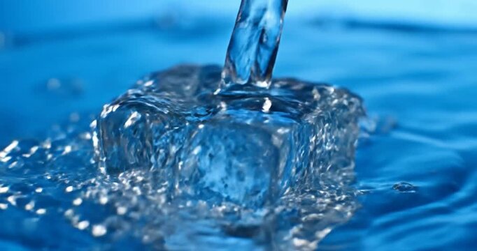 Close-up of ice cube melting in clear water, creating ripples against a blue background