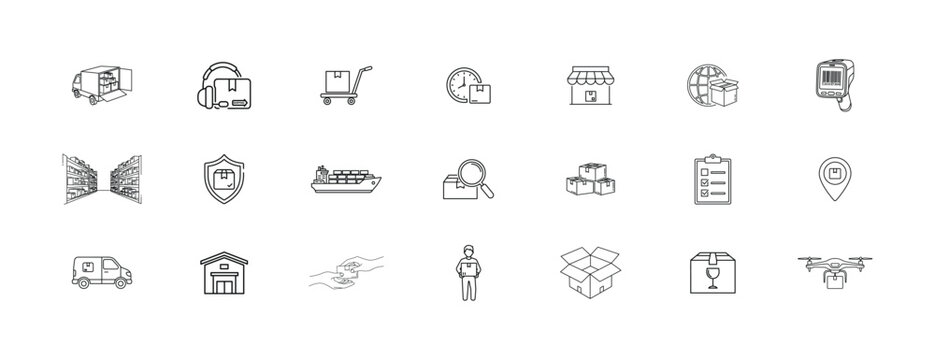 Shipping and delivery line icons collection set. simple outline design of box, truck, warehouse, drone, parcel, package, van, globe, trolley and other logistic signs.