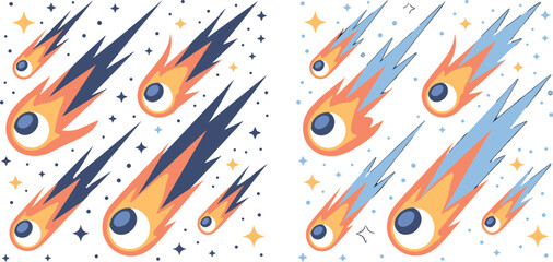 Colorful falling comets and meteorites with fire tails in starry space vector illustration set for cosmic galaxy background design © MDALAMGIR
